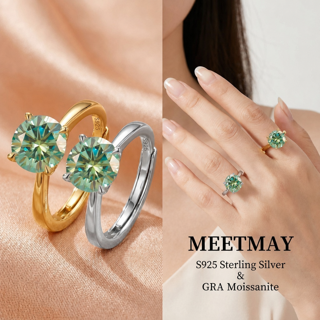 MEETMAY | Colorful Round-Cut Moissanite Adjustable Ring – S925 Sterling Silver 18K Gold Plated, GRA Certified