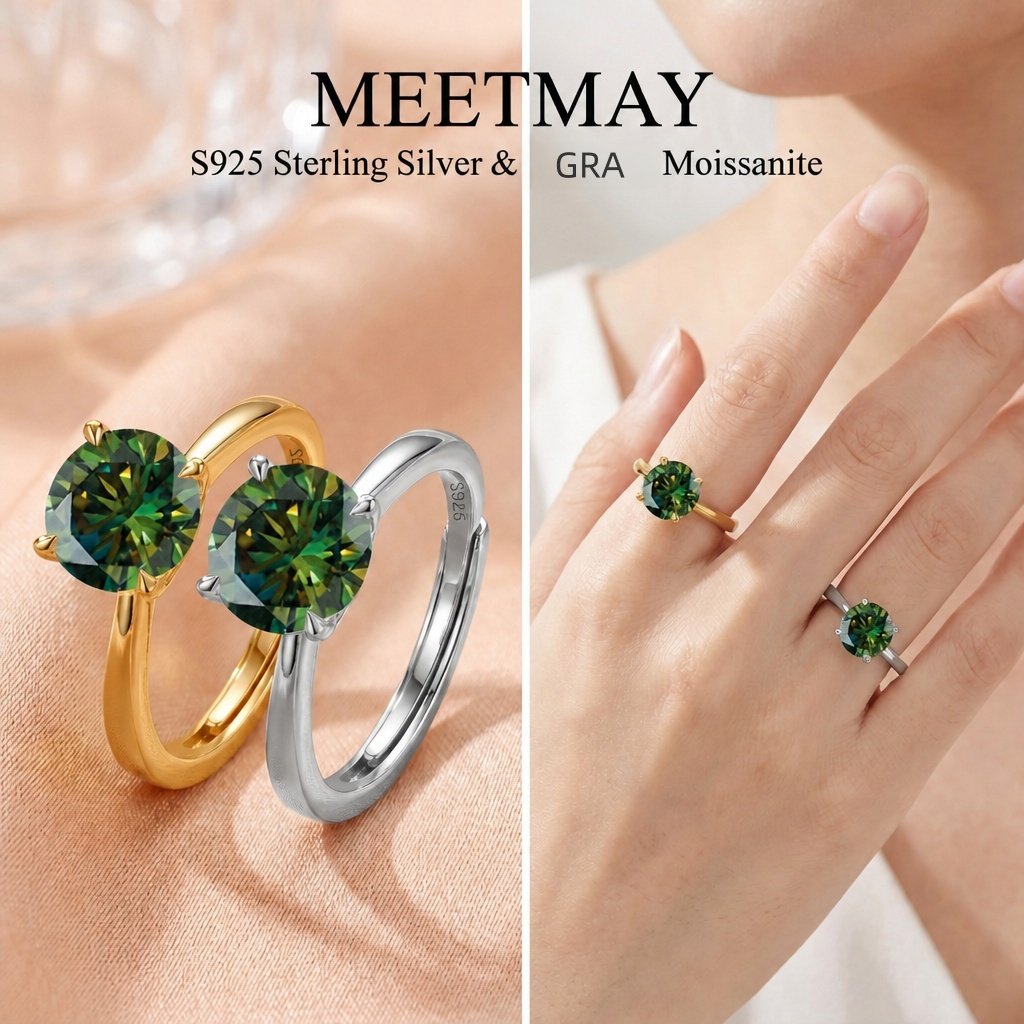 MEETMAY | Colorful Round-Cut Moissanite Adjustable Ring – S925 Sterling Silver 18K Gold Plated, GRA Certified