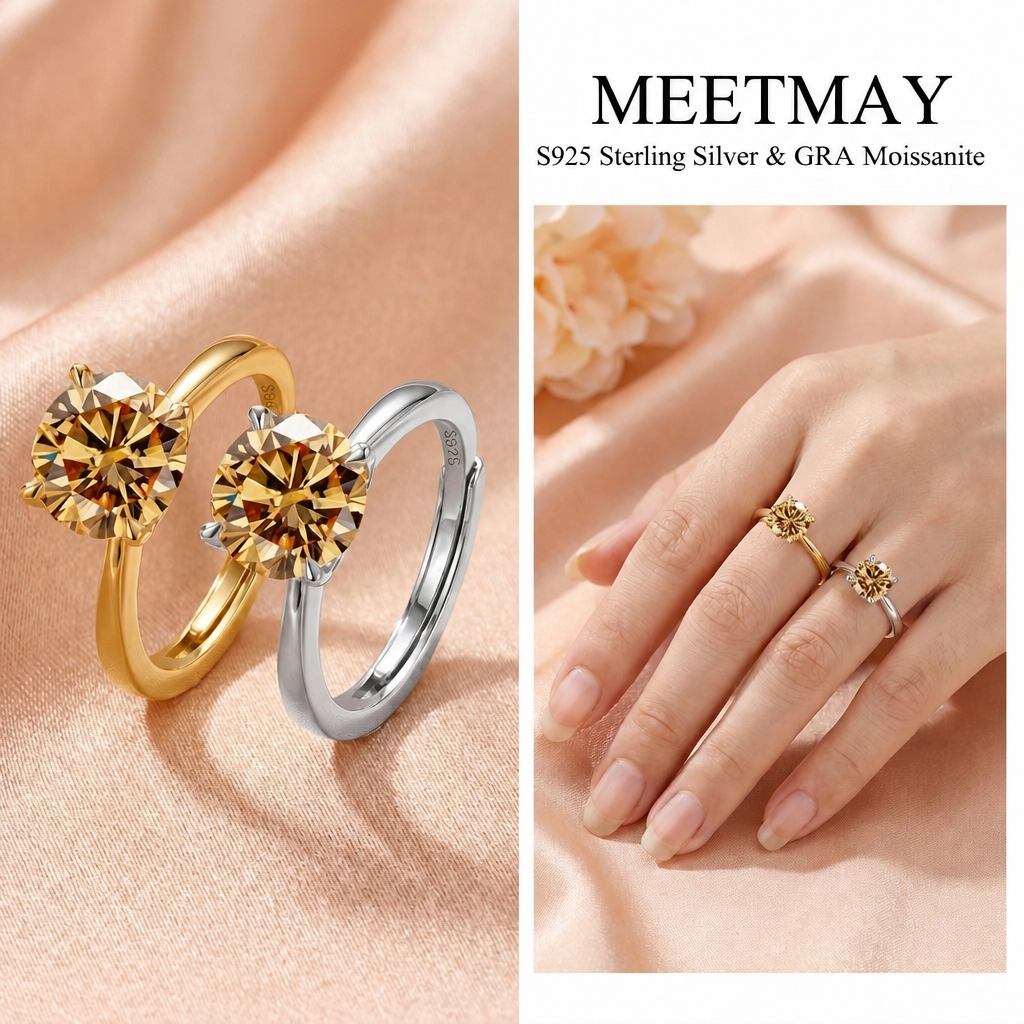 MEETMAY | Colorful Round-Cut Moissanite Adjustable Ring – S925 Sterling Silver 18K Gold Plated, GRA Certified
