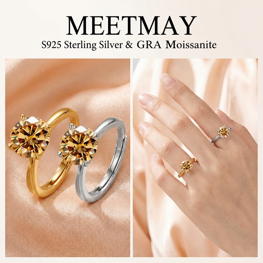 MEETMAY | Colorful Round-Cut Moissanite Adjustable Ring – S925 Sterling Silver 18K Gold Plated, GRA Certified