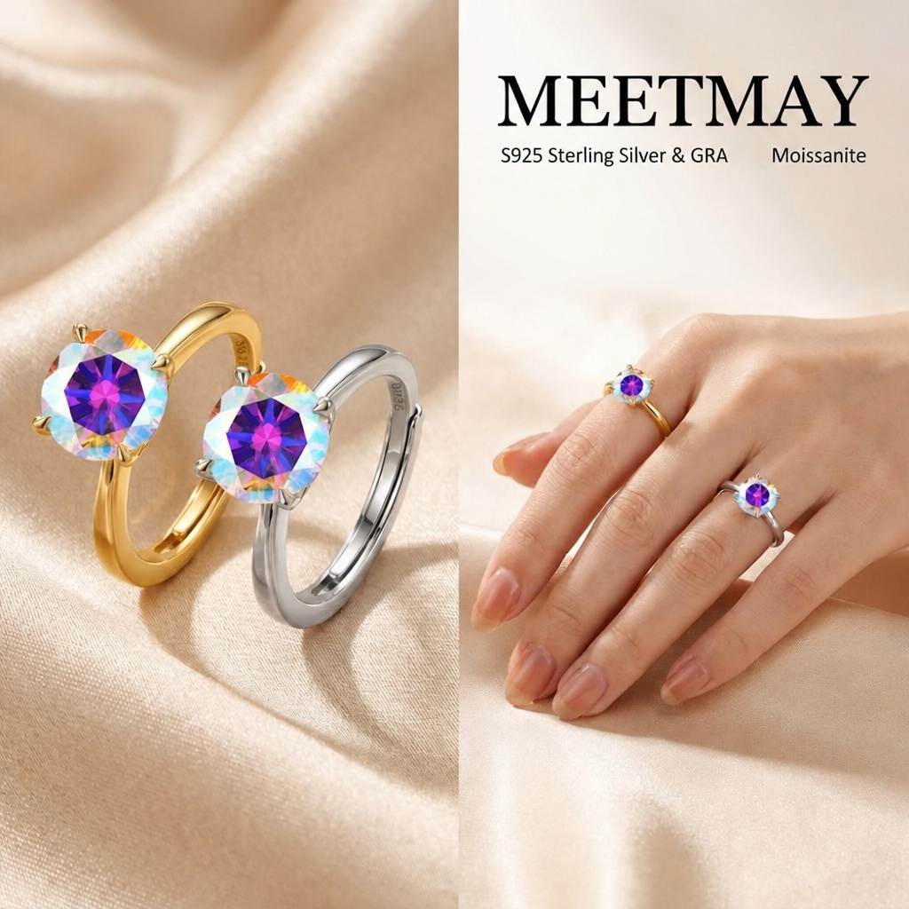MEETMAY | Colorful Round-Cut Moissanite Adjustable Ring – S925 Sterling Silver 18K Gold Plated, GRA Certified