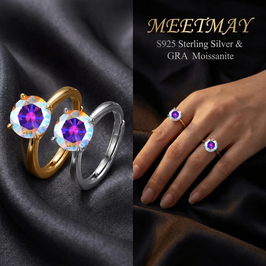 MEETMAY | Colorful Round-Cut Moissanite Adjustable Ring – S925 Sterling Silver 18K Gold Plated, GRA Certified